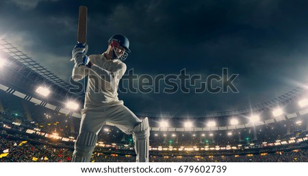 Cricket Batsman in Action on a professional cricket stadium. The player wears unbranded clothes. The stadium is made in 3D with no existing references. Royalty-Free Stock Photo #679602739