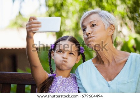 Girl and grandmother making faces while taking selfie at backyard