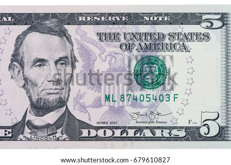 Portrait of Abraham lincoln from new edition five dollars bill (macro shot)