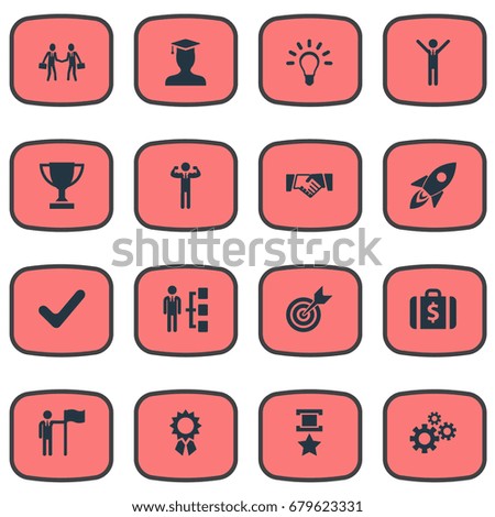 Vector Illustration Set Of Simple Winner Icons. Elements Gears, Deal, Innovation And Other Synonyms Attainment, Innovation And Trophy.