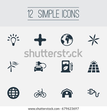 Vector Illustration Set Of Simple Green Icons. Elements Windmill, Petrol, Earth And Other Synonyms Fuel, House And Earth.