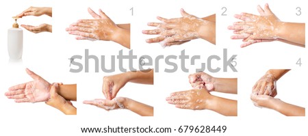 Hand washing medical procedure step by step. Isolated on white background. Royalty-Free Stock Photo #679628449