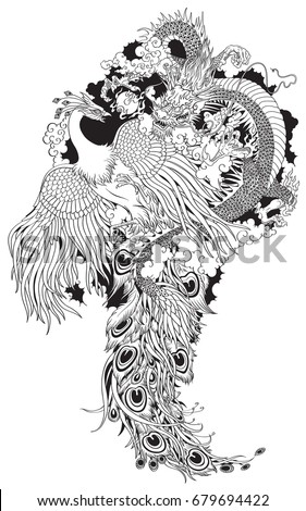 Chinese dragon and phoenix feng huang playing with a pearl ball . Black and white tattoo illustration