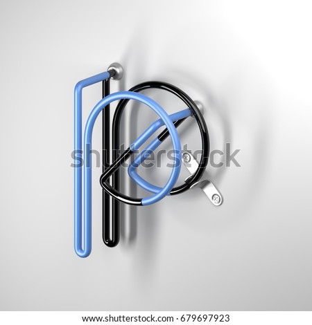 3d rendering of painted wire alphabet with metal glossy reflections. In the style of old advertising signs. Isolated on white background with soft shadows. Lowercase 3d letter P
