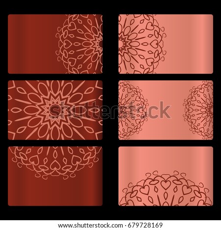 set of 6 business card with abstract floral mandala design. oriental floral pattern. vector illustration. hand drawn kaleidoscope background. red brick color