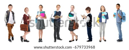 Schoolchildren of different ages on white background Royalty-Free Stock Photo #679733968