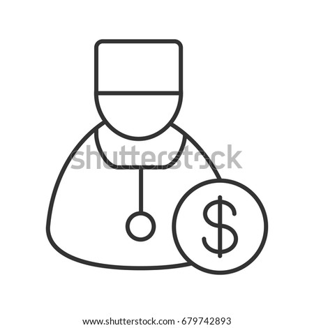 Doctor services linear icon. Thin line illustration. Therapist with dollar sign. Contour symbol. Vector isolated outline drawing