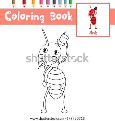 Coloring page of Fire Ant with black hat animals for preschool kids activity educational worksheet. Vector Illustration.