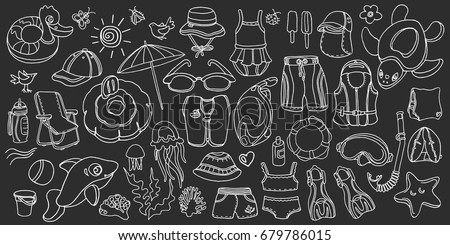 Doodle set of swimming goods for kids. Vector icons Illustration on black background. Sketch. Vest, mask, tube, swimsuit, cap, panama, fins, swimming trunks. Summer children's holiday at sea
