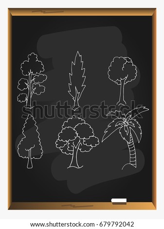 Trees on blackboard background. Tree icon set. Vector Illustration.
