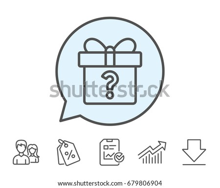 Gift box with Question mark line icon. Present or Sale sign. Birthday Shopping symbol. Package in Gift Wrap. Report, Sale Coupons and Chart line signs. Download, Group icons. Editable stroke. Vector