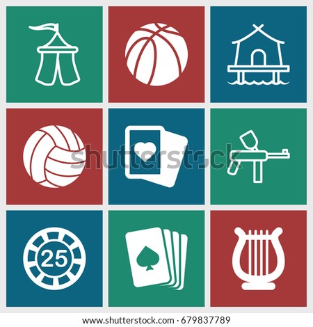 Leisure icons set. set of 9 leisure filled and outline icons such as pllaying card, 25 casino chip, spades, basketball, harp, volleyball, tent