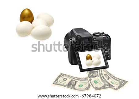 Concept photo for microstock photography, making money by camera shooting