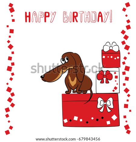 vector color card of decorative cartoon dachshund dog with presents and words happy birthday