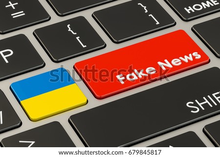Ukrainian fake news button, key on  keyboard. 3D rendering