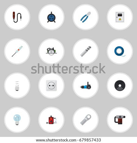 Set Of 16 Editable Electric Flat Icons. Includes Symbols Such As Auger, Adhesive, Mini Drill And More. Can Be Used For Web, Mobile, UI And Infographic Design.