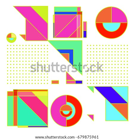 Trendy geometrical vector illustration with elements and abstract colorful textures. Design for summer holiday poster, card, brochure, and promotion template. Fashion art print and background.