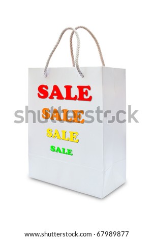 sale label on white paper bag isolated