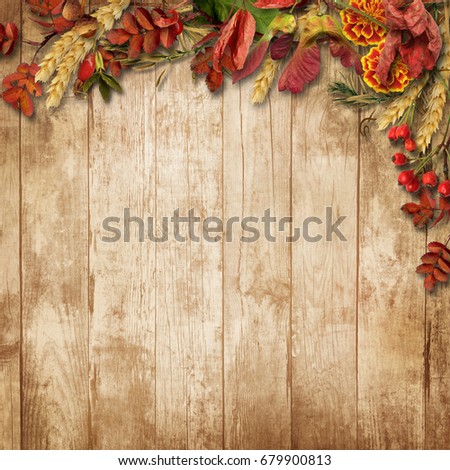 Autumn border with leaves and berries on vintage background
