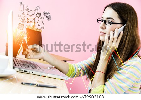 business caucasian girl in tshirt with credit card and smartphone onine shopping ideas concept with background of colorful background