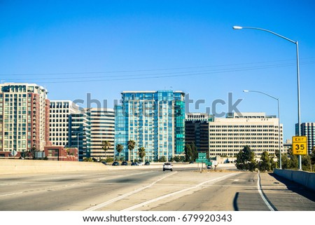 San Jose skyline while driving on the freeway, Silicon Valley, California