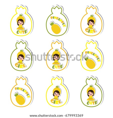 Summer cupcake topper with cute pineapple girls and pineapple fruit vector cartoon for summer kid party and sticker set