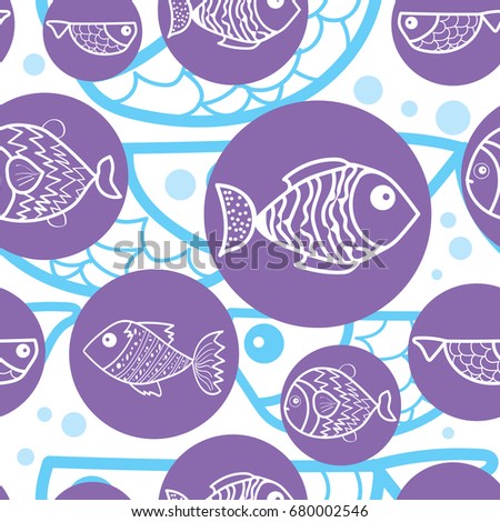 Vector seamless pattern with cartoon fish. Cute fish for fabric, baby clothes, background, textile, wrapping paper and other decoration. Doodles trendy style. Hand drawn illustration