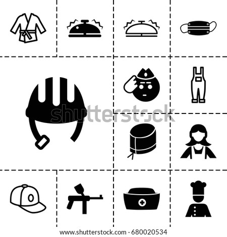 Uniform icon. set of 13 filled and outline uniform icons such as helmet, maid, soldier emot, nurse hat, medical mask, chef, bell, baseball cap, gardener jumpsuit, kimono