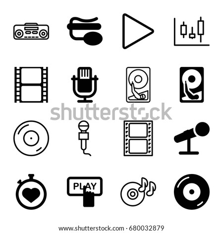 Record icons set. set of 16 record filled and outline icons such as finger pressing play button, stopwatch, movie tape, disc on fire, pin microphone, microphone, hard disc