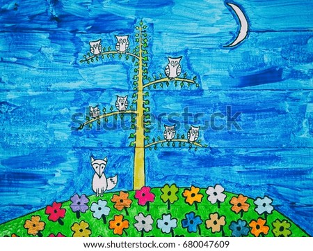 Owls and a fox on blue wood panel background