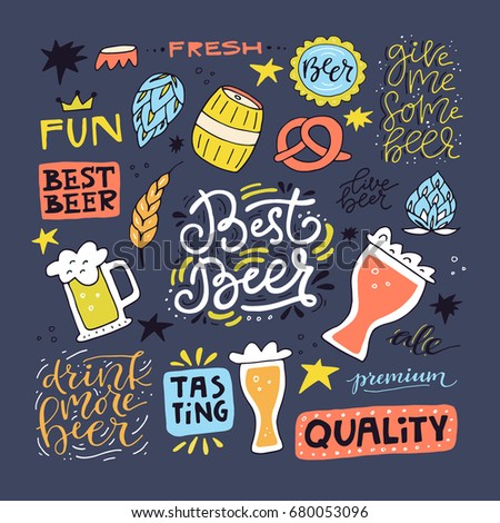 Collection of beer related doodle illustrations. Clipart for Octoberfest or brewery label.