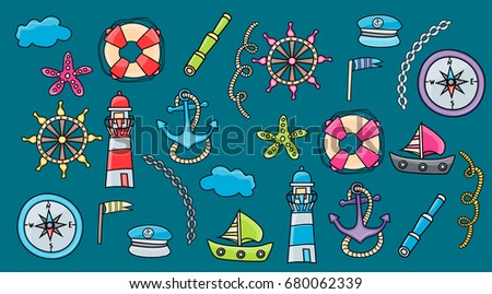 Marine doodle elements, hand drawn style. Ocean vector illustration with nautical theme objects.