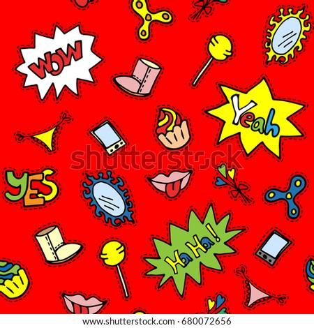 Funny seamless pattern with lips, cakes, different badges elements, comic speech bubbles. Bright red color, easy to recolor. For decoration paper and textiles. Vector illustration.