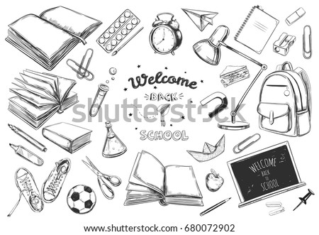 Welcome back to school vector collection. hand drawn elements. School supplies. Books, notebook, copybook, backpack, lamp, alarm clock, football, snickers, chalkboard, pencil, marker, eraser etc. Royalty-Free Stock Photo #680072902