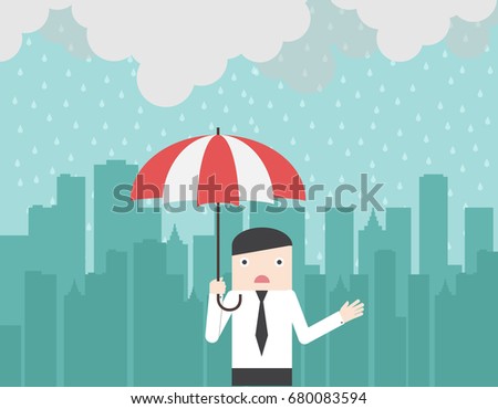 Businessman with umbrella under the rain. Big city silhouette on the background. Monsoon season. Rainy day. Bad moment. Vector illustration.
