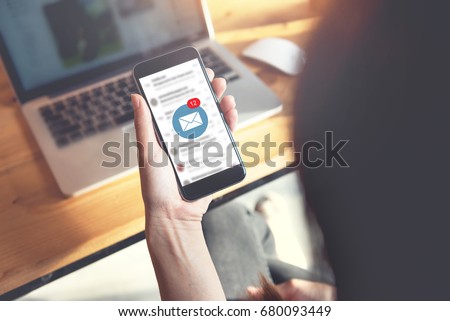 Female recieve inbox view the pending e-mail communication, New messages on mobile smartphone. Royalty-Free Stock Photo #680093449