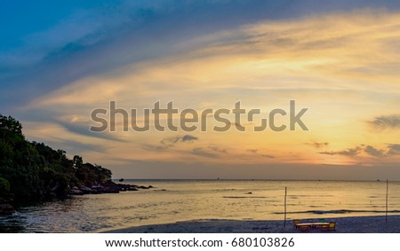 Summer sunset seascape on tropical beach in Sihanoukville in Cambodia. Landscape of south east Asia.