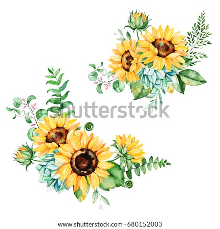Beautiful floral collection with sunflowers,leaves,branches,fern leaves,feathers.2 bright watercolor bouquets for your design.Perfect for wedding,invitation,template card,Birthday and boho style