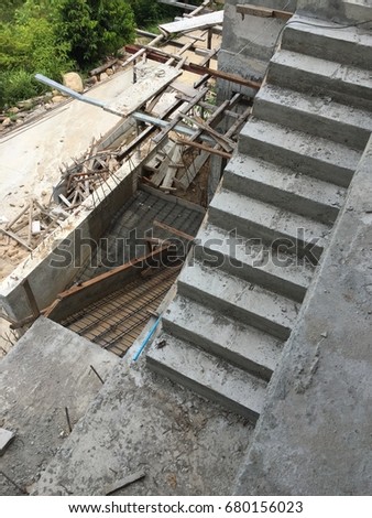 Building ladder concrete staircase under construction site, New Housing Development Under Construction, Phangan Island, Thailand