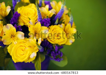 Roses bouquet of flower gift close up, Greeting card yellow violet color flowers isolated on green grass.  Birthday and other holiday spring background