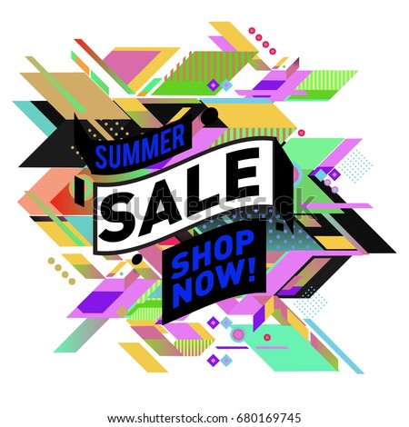 Summer sale geometric style web banner. Fashion and travel discount. Vector holiday Abstract colorful illustration with special offers and promotion.