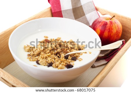 diet breakfast with yogurt and a red apple
