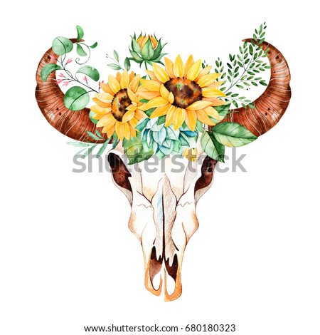 Watercolor bull skull head with sunflowers,leaves,branches,fern leaves,succulent plant. Watercolor boho illustration.Perfect for wedding,invitation,template card,wallpapers,patterns and boho style