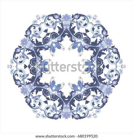Flower Frame. Mandala Design Pattern with blue flowers.