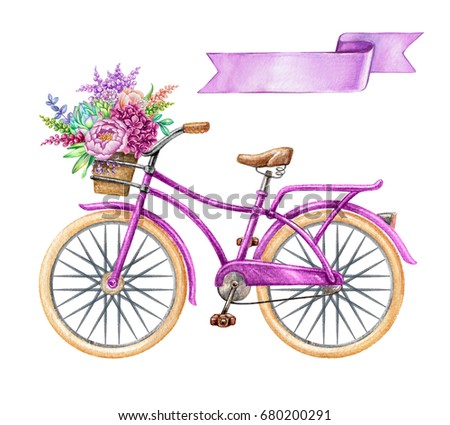 watercolor illustration, bicycle, hipster bike, blank ribbon tag, purple banner, label, wild flowers, holiday clip art isolated on white background