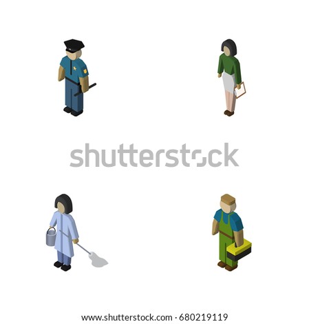 Isometric Person Set Of Officer, Housemaid, Pedagogue And Other Vector Objects. Also Includes Officer, Police, Housekeeper Elements.