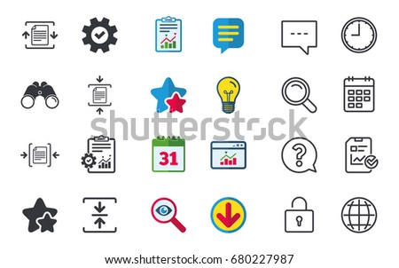 Archive file icons. Compressed zipped document signs. Data compression symbols. Chat, Report and Calendar signs. Stars, Statistics and Download icons. Question, Clock and Globe. Vector