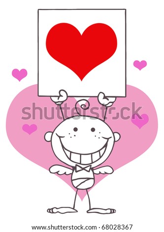 Outlined Baby Boy Stick Cupid Holding A Red Heart Sign