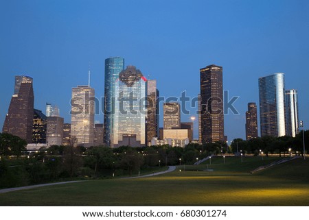 Houston Downtown Skyline Illuminated at Blue Hour