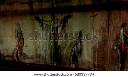 This photo was taken in the garage. On the photo you can see various forms like penguin, gentleman cross, dog, leaf, mask. The picture is 100% real formed by the water flowing out of the wall, 